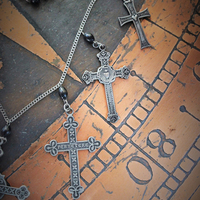 NEW! To Pray Necklace with 7 French Crosses, Antique Rosary Bead Fragments, Silver Chain