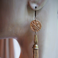 Rare Matching Antique Astrological Saint Christopher Earrings with Antique Foxtail Chain Tassels & Gold Filled Leverback Earring Wires