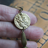 Rare Matching Antique Astrological Saint Christopher Earrings with Antique Foxtail Chain Tassels & Gold Filled Leverback Earring Wires