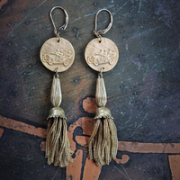 Rare Matching Antique Astrological Saint Christopher Earrings with Antique Foxtail Chain Tassels & Gold Filled Leverback Earring Wires