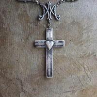 One Heart One Soul Necklace with RARE Engraved French Sterling Cross, Scrolled Initial AM Medals, Double Sacred Heart Marian Medals