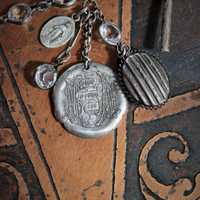 Rare Antique French Sacred Heart of Jesus Wicker Engraving Bracelet w/Antique Sterling Locket,Antique Monogrammed Medal,Antique Bezel Set Rock Crystal Chain Segments,Sterling Toggle Clasp