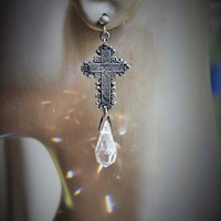 Fill my Heart with your Love Earrings w/French Engraved Crosses, Antique Faceted Rock Crystal Tear Drops,Sterling Posts