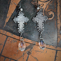 Fill my Heart with your Love Earrings w/French Engraved Crosses, Antique Faceted Rock Crystal Tear Drops,Sterling Posts