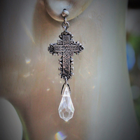 Fill my Heart with your Love Earrings w/French Engraved Crosses, Antique Faceted Rock Crystal Tear Drops,Sterling Posts