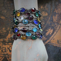 Unique Multi Color Bezel Set Faceted Glass 8 Strand Bracelet w/French Crosses and Antique Foxtail Chain