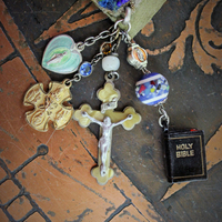 Colorful Bohemian Bracelet with Antique Stanhope Bible Charm, Vermeil Scapular Medal, Antique Mother Mary Heart & More!