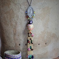 Bohemian Sacred Heart Medal & Beaded Tassel Flapper Length Necklace 