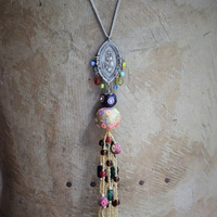 Bohemian Sacred Heart Medal & Beaded Tassel Flapper Length Necklace 