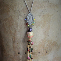 Bohemian Sacred Heart Medal & Beaded Tassel Flapper Length Necklace 