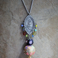 Bohemian Sacred Heart Medal & Beaded Tassel Flapper Length Necklace 