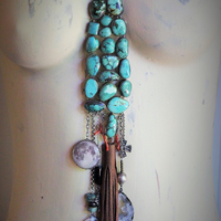 Stone of the Ancients Necklace & Earring Set with Sterling Bezel Set Turquoise Cabochons, Glass Set Moon Drop,Sterling Crosses,Coral,Barrel Cut Tourmaline & More!