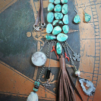 Stone of the Ancients Necklace & Earring Set with Sterling Bezel Set Turquoise Cabochons, Glass Set Moon Drop,Sterling Crosses,Coral,Barrel Cut Tourmaline & More!