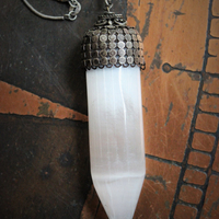 The Light of the Stars Necklace with Unique Selenite Point, Sterling Selenite Cabochon Finding, Sterling Chain