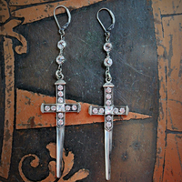 Where Light Enters You Earrings with Rare Sterling Sword Medals,Antique Faceted Rock Crystal Connectors & Sterling Earring Wires