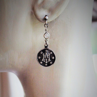 Sterling Ave Maria Earrings w/Matching Initials AM Maria Medals,Antique Bezel Set Crystal Connectors,Vintage Sterling Ball Posts