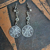 Sterling Ave Maria Earrings w/Matching Initials AM Maria Medals,Antique Bezel Set Crystal Connectors,Vintage Sterling Ball Posts