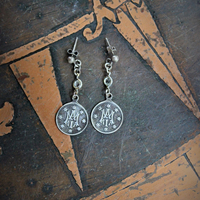 Sterling Ave Maria Earrings w/Matching Initials AM Maria Medals,Antique Bezel Set Crystal Connectors,Vintage Sterling Ball Posts