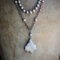 Vintage Taos Artisan Sterling Quartz Cluster Pendant Necklace with Sterling Beads, Chain & Clasp