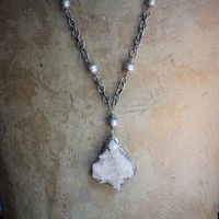 Vintage Taos Artisan Sterling Quartz Cluster Pendant Necklace with Sterling Beads, Chain & Clasp