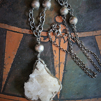 Vintage Taos Artisan Sterling Quartz Cluster Pendant Necklace with Sterling Beads, Chain & Clasp