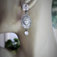 Bless Us Earrings with Intricate Matching Sacred Heart German Medals,Vintage Sterling Asscher Cut Earrings,Vintage Sterling Faceted Crystal Hearts