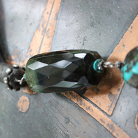 Joy & Happiness Necklace with Incredible Checkerboard Faceted Blue Green Tourmaline Gemstones,Polished Turquoise,Leather Tassel & Chain