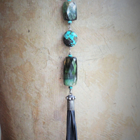 Joy & Happiness Necklace with Incredible Checkerboard Faceted Blue Green Tourmaline Gemstones,Polished Turquoise,Leather Tassel & Chain