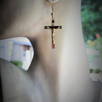 Antique Gold Fill Crucifix Earrings with Antique Gold Rosary Bead & Gold Fill Leverback Earring Wires