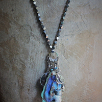Space. Light. Moon. Stars. Necklace with Sterling Stars, Sterling Crescent Moon, Faceted Crystal Bottle, Cosmic Turquoise Slab Pendant
