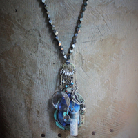 Space. Light. Moon. Stars. Necklace with Sterling Stars, Sterling Crescent Moon, Faceted Crystal Bottle, Cosmic Turquoise Slab Pendant