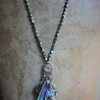 Space. Light. Moon. Stars. Necklace with Sterling Stars, Sterling Crescent Moon, Faceted Crystal Bottle, Cosmic Turquoise Slab Pendant