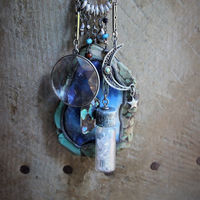 Space. Light. Moon. Stars. Necklace with Sterling Stars, Sterling Crescent Moon, Faceted Crystal Bottle, Cosmic Turquoise Slab Pendant