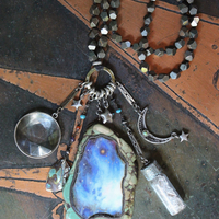 Space. Light. Moon. Stars. Necklace with Sterling Stars, Sterling Crescent Moon, Faceted Crystal Bottle, Cosmic Turquoise Slab Pendant