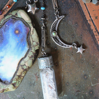 Space. Light. Moon. Stars. Necklace with Sterling Stars, Sterling Crescent Moon, Faceted Crystal Bottle, Cosmic Turquoise Slab Pendant