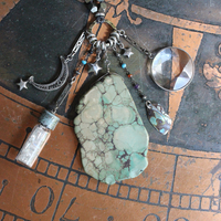Space. Light. Moon. Stars. Necklace with Sterling Stars, Sterling Crescent Moon, Faceted Crystal Bottle, Cosmic Turquoise Slab Pendant