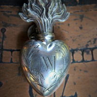 Rare Smaller Size Antique French Sterling Engraved Ex Voto Vessel with Antique French Sacred Heart of Jesus Medal