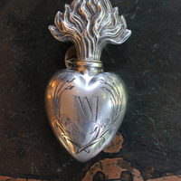 Rare Smaller Size Antique French Sterling Engraved Ex Voto Vessel with Antique French Sacred Heart of Jesus Medal