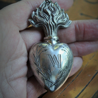 Rare Smaller Size Antique French Sterling Engraved Ex Voto Vessel with Antique French Sacred Heart of Jesus Medal