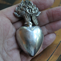 Rare Smaller Size Antique French Sterling Engraved Ex Voto Vessel with Antique French Sacred Heart of Jesus Medal