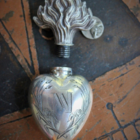 Rare Smaller Size Antique French Sterling Engraved Ex Voto Vessel with Antique French Sacred Heart of Jesus Medal