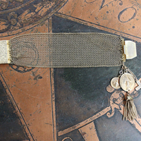 1930's Fine Wide Mesh Sandor Bracelet with Rare Antique French Gilt Marian Medal,Antique French Sacred Heart of Jesus Medal, Antique Foxtail Chain Tassel 