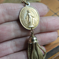 1930's Fine Wide Mesh Sandor Bracelet with Rare Antique French Gilt Marian Medal,Antique French Sacred Heart of Jesus Medal, Antique Foxtail Chain Tassel 