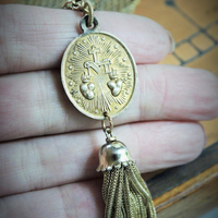 1930's Fine Wide Mesh Sandor Bracelet with Rare Antique French Gilt Marian Medal,Antique French Sacred Heart of Jesus Medal, Antique Foxtail Chain Tassel 