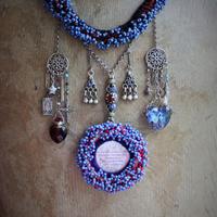 The 3 Initiates Necklace with Antique Beaded Kuchi Gypsy Trim and Medallion,Pillars of Creation Glass Heart,Sterling The Hierophant Tarot Medal & Much More!