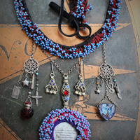 The 3 Initiates Necklace with Antique Beaded Kuchi Gypsy Trim and Medallion,Pillars of Creation Glass Heart,Sterling The Hierophant Tarot Medal & Much More!