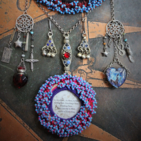 The 3 Initiates Necklace with Antique Beaded Kuchi Gypsy Trim and Medallion,Pillars of Creation Glass Heart,Sterling The Hierophant Tarot Medal & Much More!