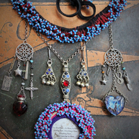 The 3 Initiates Necklace with Antique Beaded Kuchi Gypsy Trim and Medallion,Pillars of Creation Glass Heart,Sterling The Hierophant Tarot Medal & Much More!