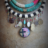 NEW! Peace with your Soul Necklace with Unique 3 Strand Seed Bead Finding,"Love Won" Pendant,Antique French & Tibetan Medals,Carved Tourmaline Buddha & More!