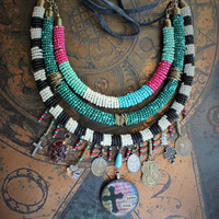 NEW! Peace with your Soul Necklace with Unique 3 Strand Seed Bead Finding,"Love Won" Pendant,Antique French & Tibetan Medals,Carved Tourmaline Buddha & More!